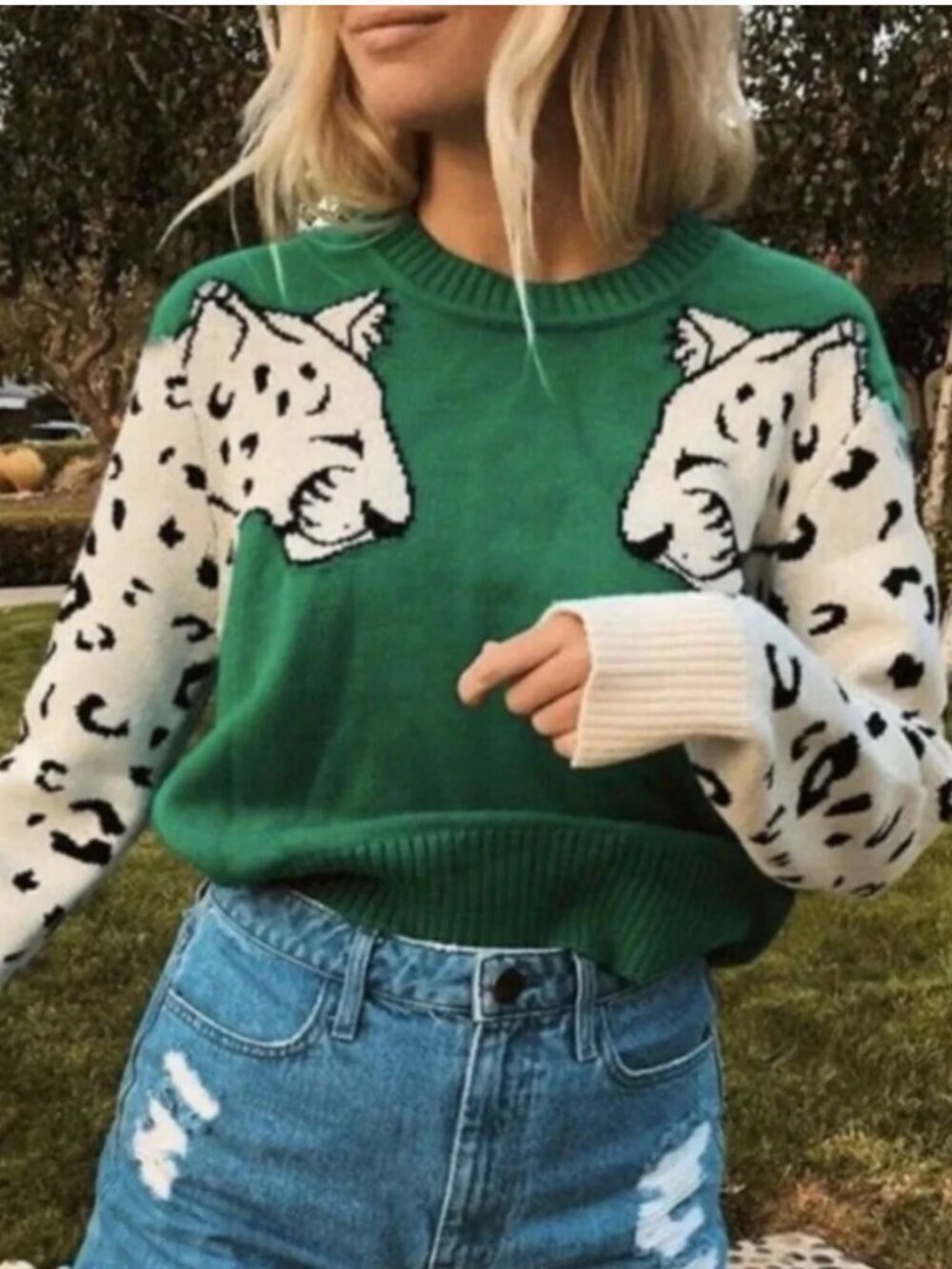 Boho Green Leopard Artsy Funky Animal Print Cozy Sweater Large